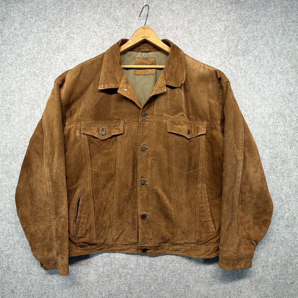 Vintage Gap Suede Leather Trucker Jacket Brown Distressed Mens Size XL
